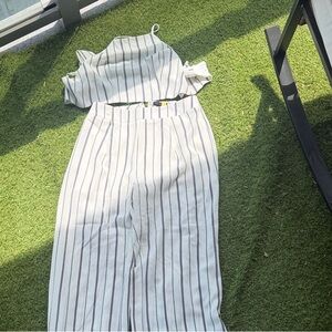 Miss Avenue Cream Wide-Leg Pants and Napkin Top with Black Vertical Stripes